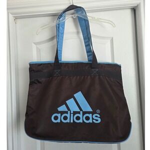 Adidas Tote Bag Brown Blue Large Logo Zip Closure Travel Gym Weekender